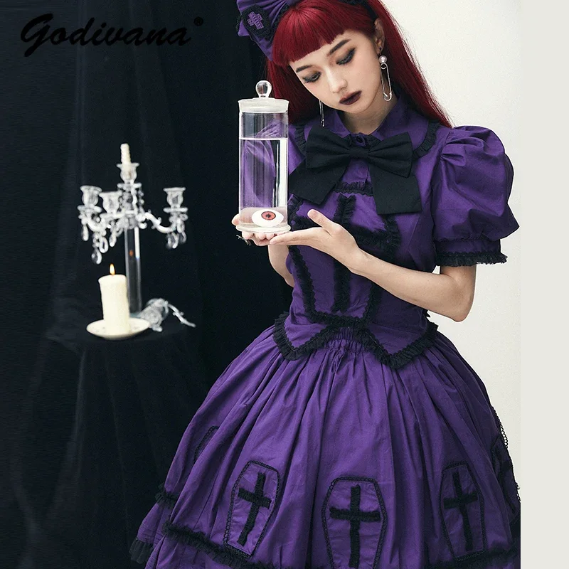 Lolita Skirt Sets Women 2024 Autumn New Gothic Girl Cross Bow Puff Sleeve Top Midi Skirt Two-Piece Set Ladies Outfits