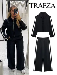 TRAFZA 2024 Autumn Women Fashion Trousers Set Trend Long Sleeves Short Jacket Top + Streetwear Female Wide Leg Long Pant