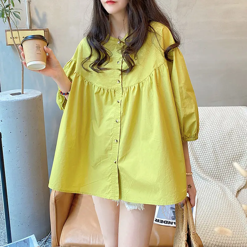 Shirt Top Summer Korean Version Simple Loose Foreign Cotton and Linen Shirt Women\'s Three-quarter Sleeves Blouse Female Casual