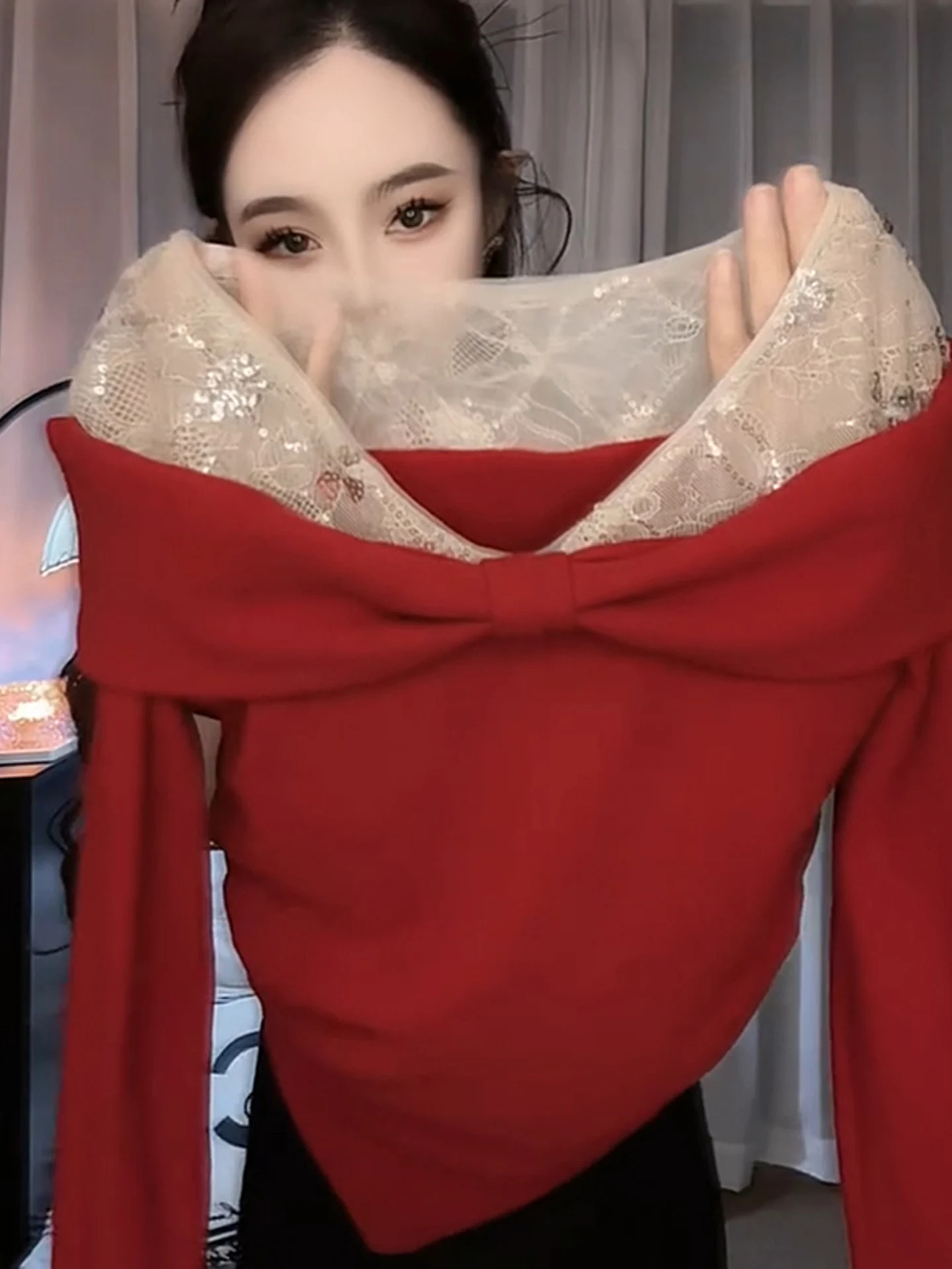 

Romantic Sle Long Sve Lace Splice One oulder T-irt Ele Aosphere Top Ci Walk Sweet Sle Nylon Polyester Fiber