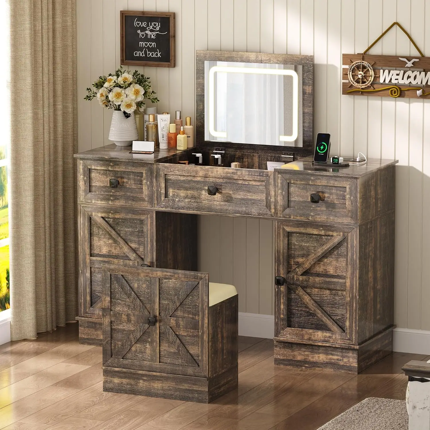 

3-in-1 Vanity Desk with 3-Color Lights and Mirror,47.2' W Makeup Vanity Set with Charging Station,LED