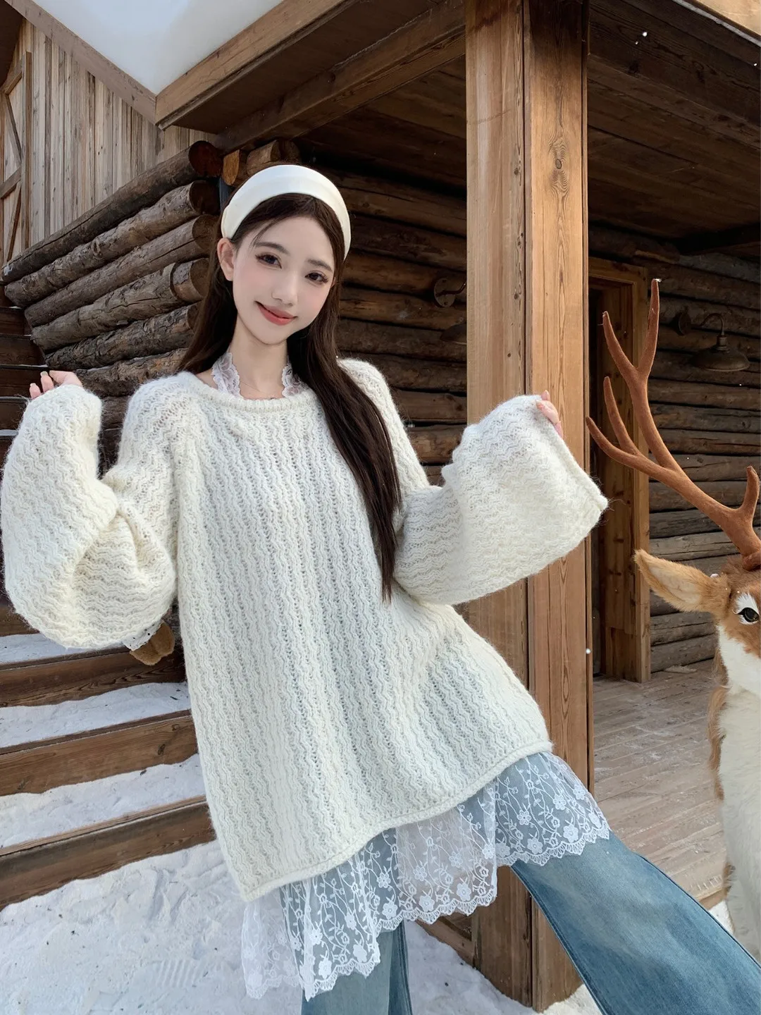 

Женский вязаный свитер больших размеров с мягким кружевным воротником и круглым вырезом, осенне-зимняя новинка, свободный универсальный джемпер с завязками на шее