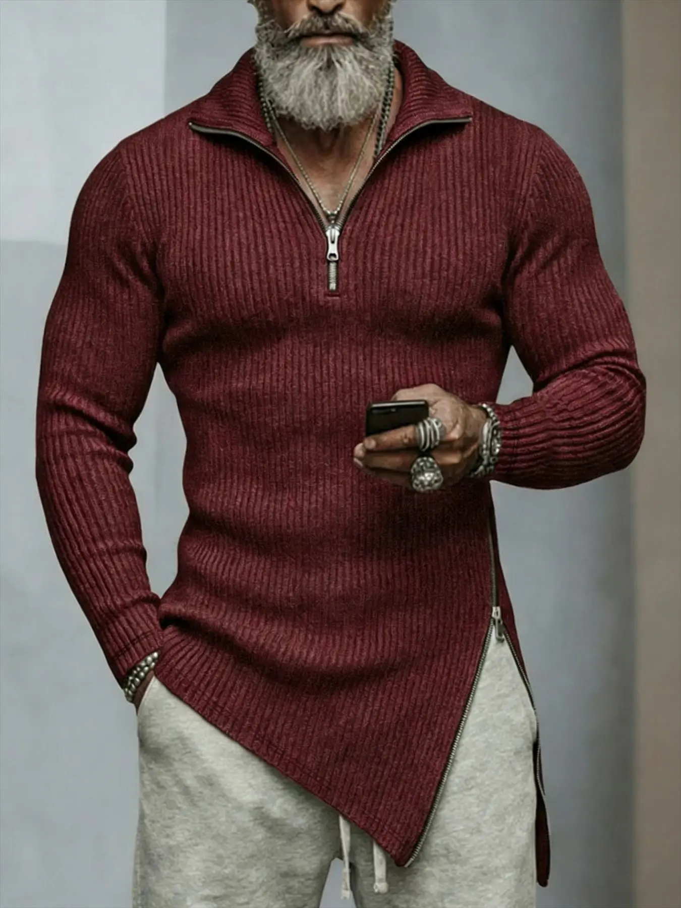 Men Autumn Winter Long Sleeve T-Shirt Elastic Slim Fit Solid Color Sports Gym Irregular Hem Workout Top For Men