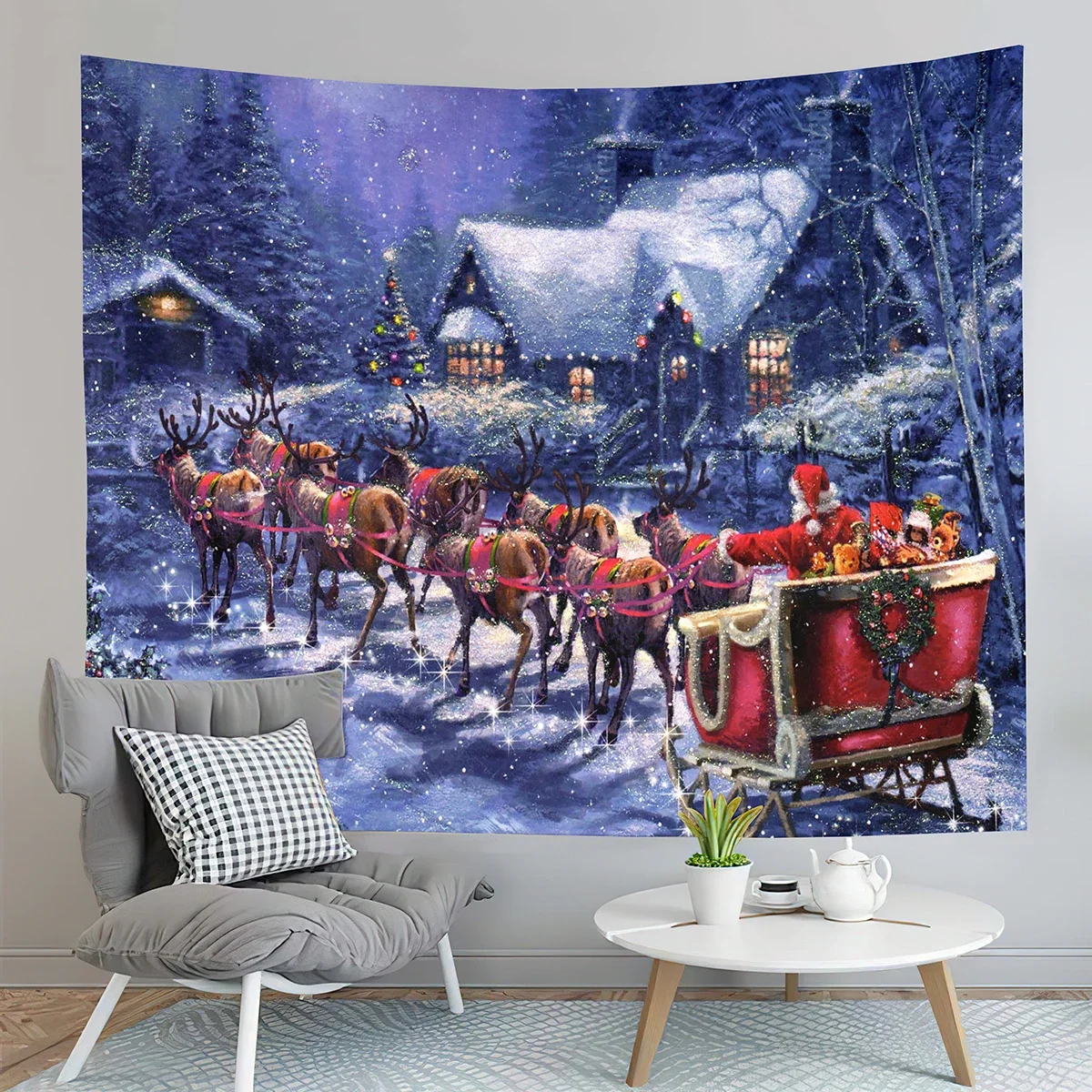 Christmas Tapestry Santa and Reindeer Delivering Gifts Tapestry Home Living Room Bedroom Dorm Wall Hanging Decorative Blanket