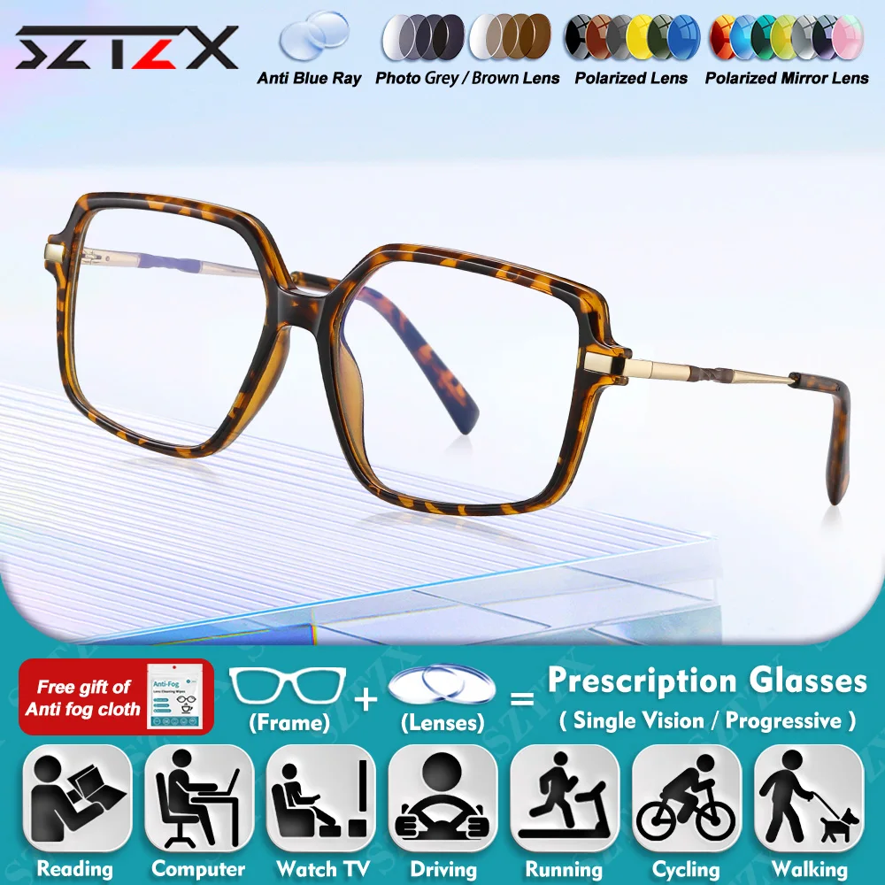 

SZTZX Classic Women Polygonal Photochromic Myopia Prescription Glasses Oversize Frame Anti Blue Ray Progressive Reading Eyeware