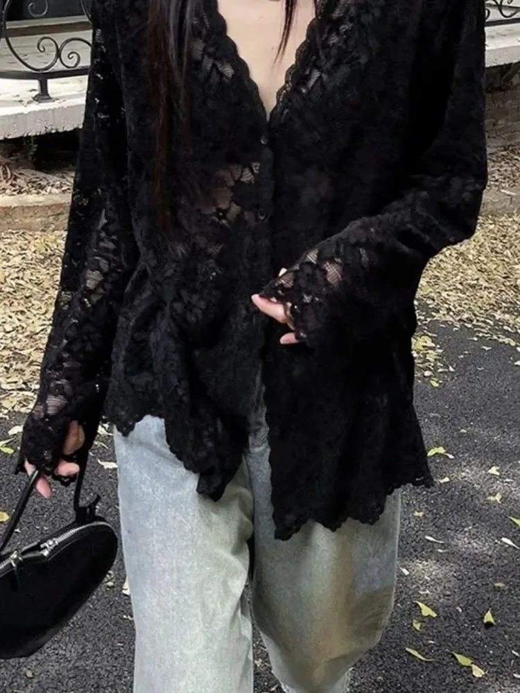

Y2k Hollow Out Lace Long Sleeve Shirt Women 2026 New V Neck Sheer Button Up Blouses Elegant Loose Versatile Tops Blusas