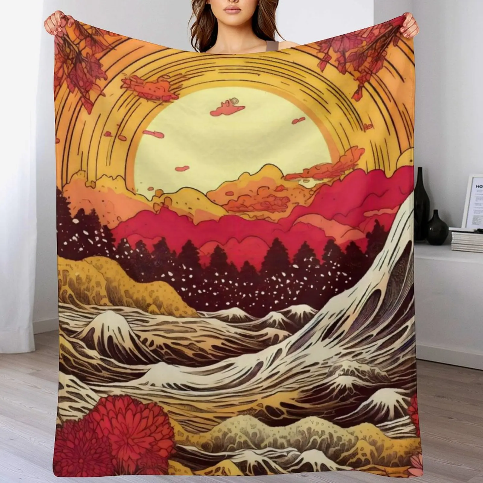 

Japanese Japan Wood Block Sunset Okiyo-e Garden Flowers Landscape Throw Blanket Soft Sherpa Fleece Warm Blanket for Winter