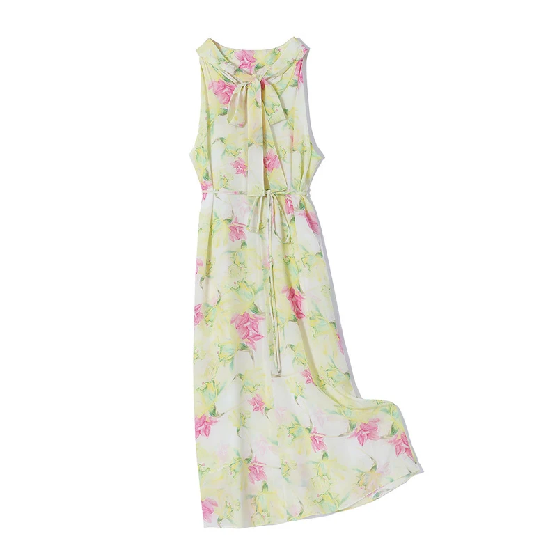 BirdTree-vestido elegante de seda 100% auténtica para mujer, vestido sin mangas con cordones, estampado francés para vacaciones en la playa, novedad de verano 2024, D45568QC