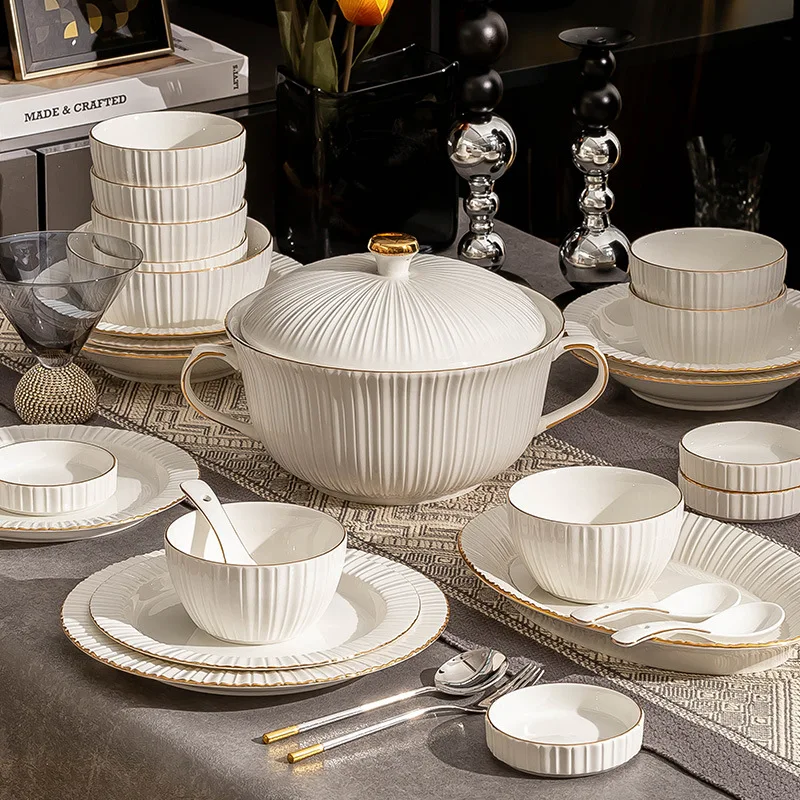 White Luxury Ceramic Plate Set Steak Plate Soup Bowl Fish Plate Dinner Dish Porcelain Tableware For Family Hotel 1Set