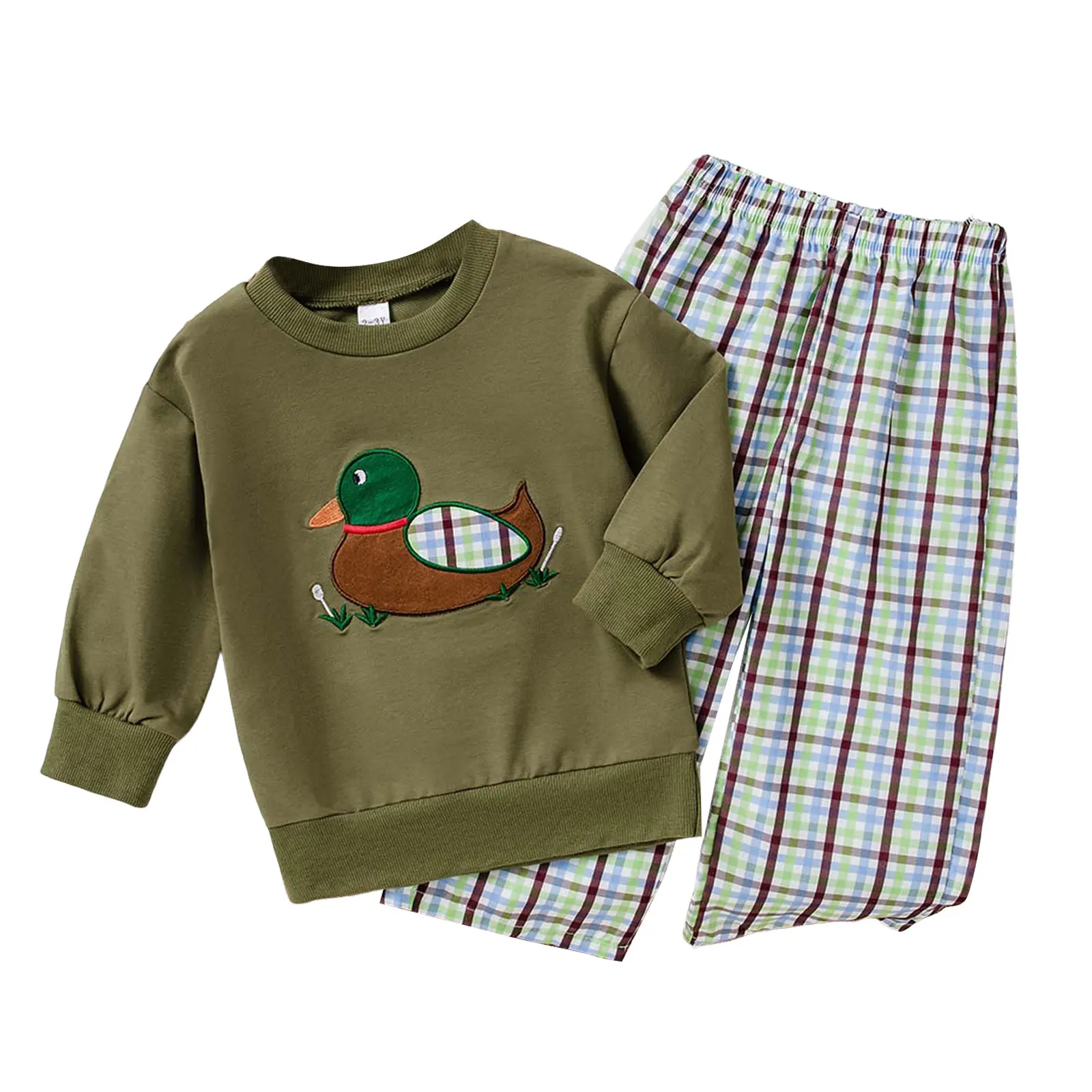 

Детская одежда из 3 предметов, 2025 год, топ с длинными рукавами и вышивкой утки для мальчиков, клетчатые штаны, повседневный комплект из двух предметов с рукавами для девочек