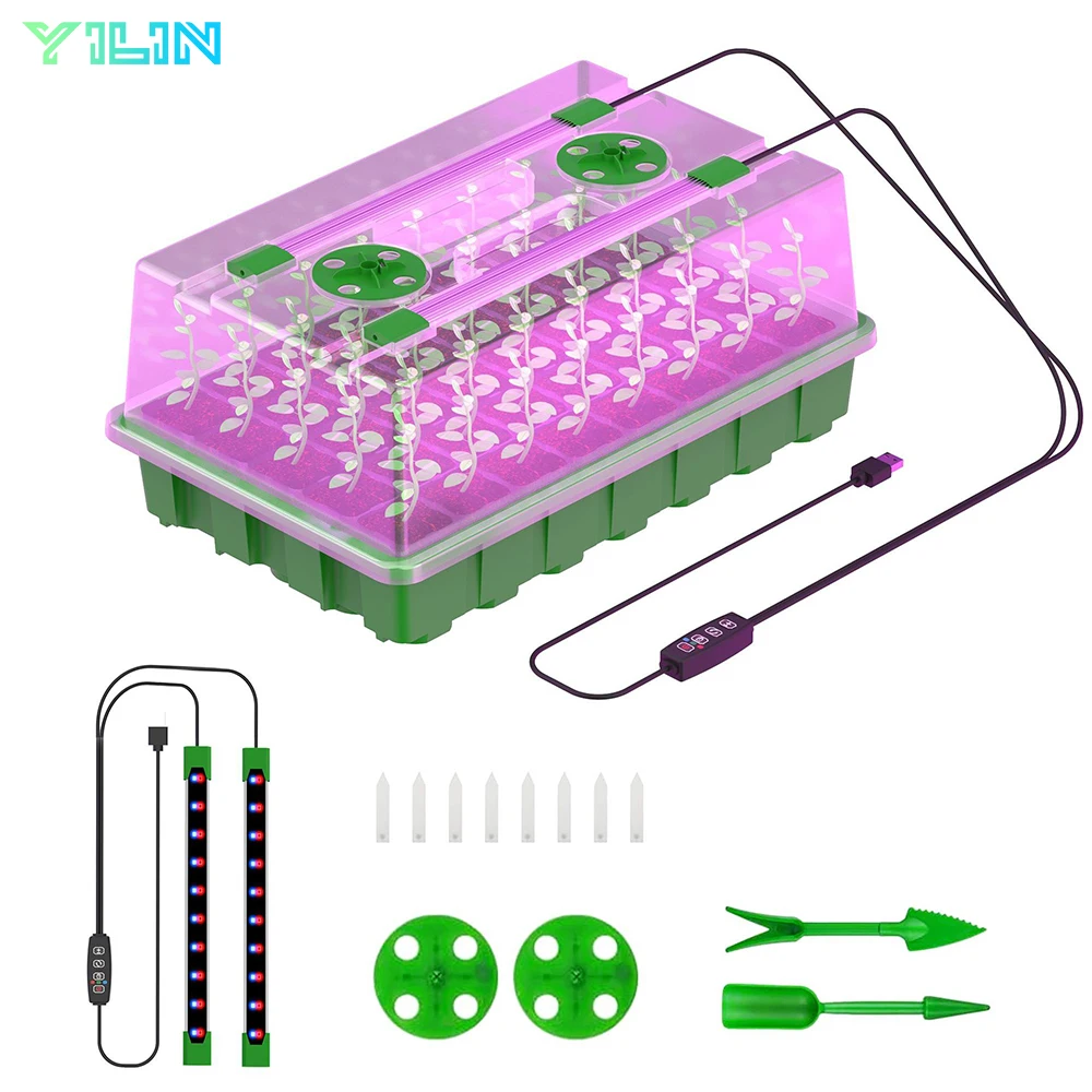 Seed Starter Kit Trays Set With Led Grow Lamps Smart Timer & Dimmable 40 Cells & 2 LED Grow Lights/1Pack For Home Garden Plant