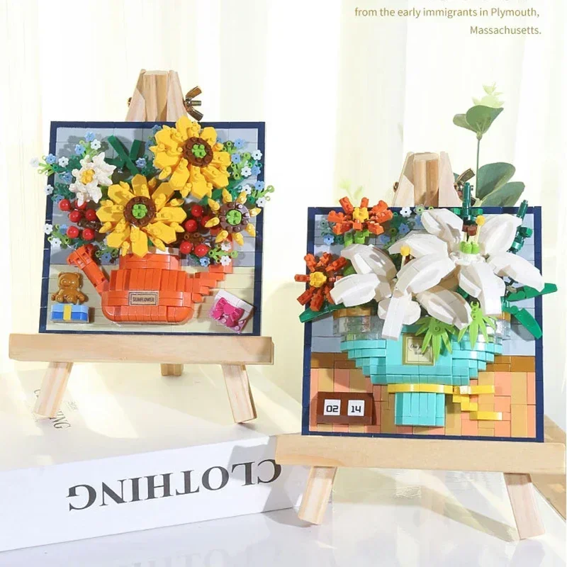 

Rose Sun Flower Potted Bouquet Home Decoration 3D Model Sunflower Bouquet Rose Building Block Bricks Toy Diy Potted Gift