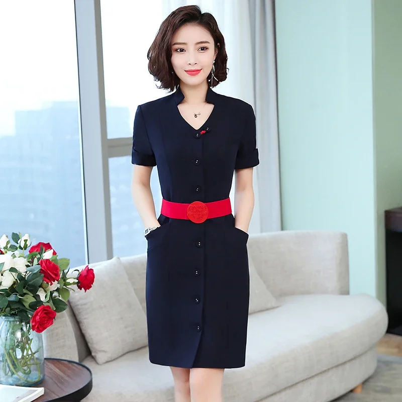 Новая летняя профессиональная униформа, платье с v-образным вырезом, тонкая косметологическая рабочая одежда с короткими рукавами, халат стюардессы во французском стиле