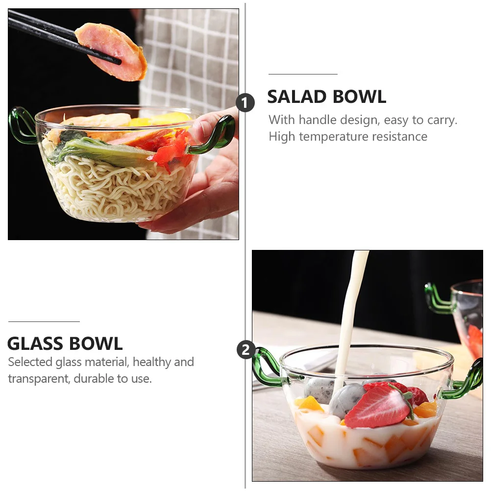 

1Pcs Transparent Heat Resistant Glass Salad Bowl Dual Handle Easy Carry for Home Office Restaurant Use Glass Bowls with Handle