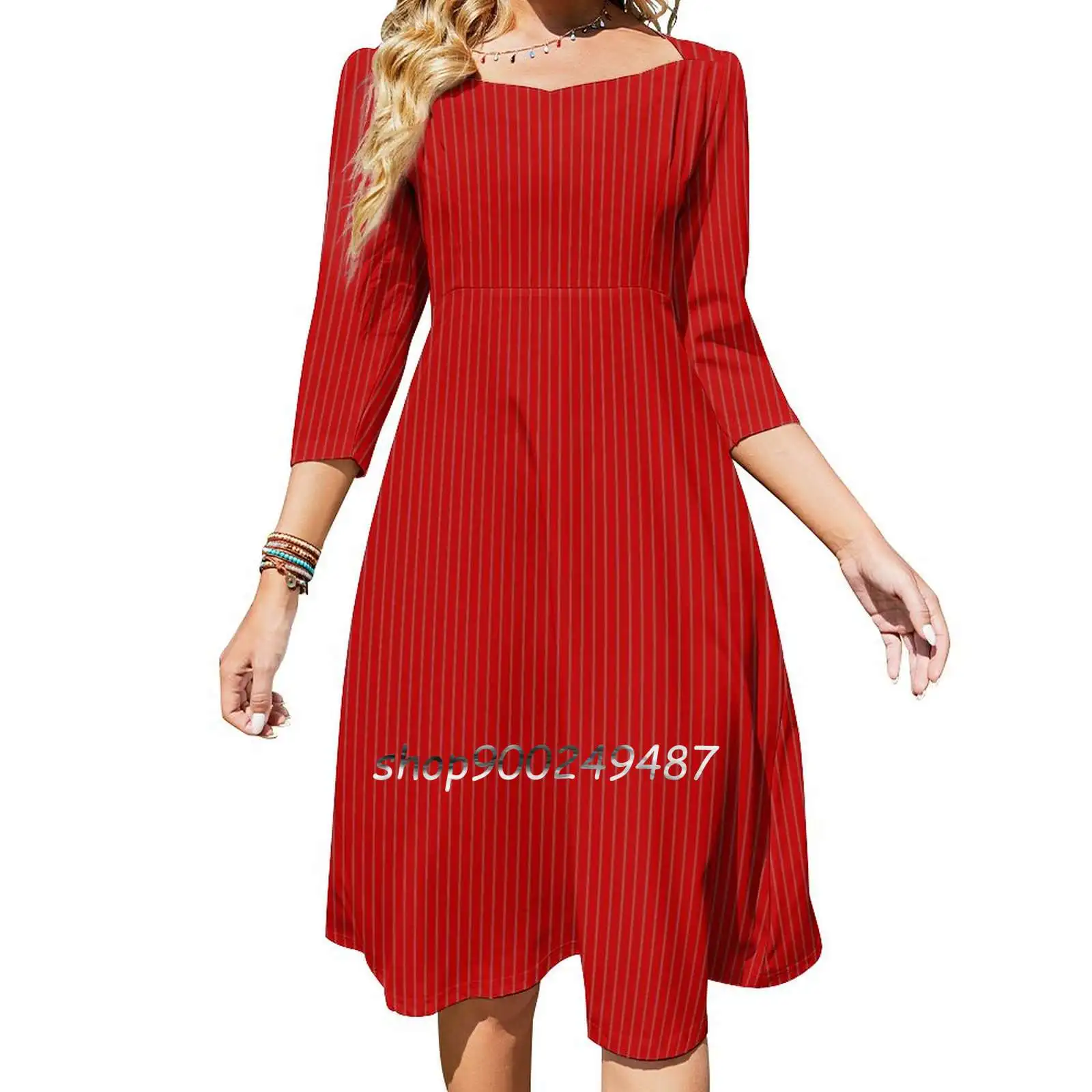 Red With Gray Pinstripes Sweet Elegant Dress Women Korean Kawaii Square Collar Dress Red And Gray Gray And Red Grey And Red Red