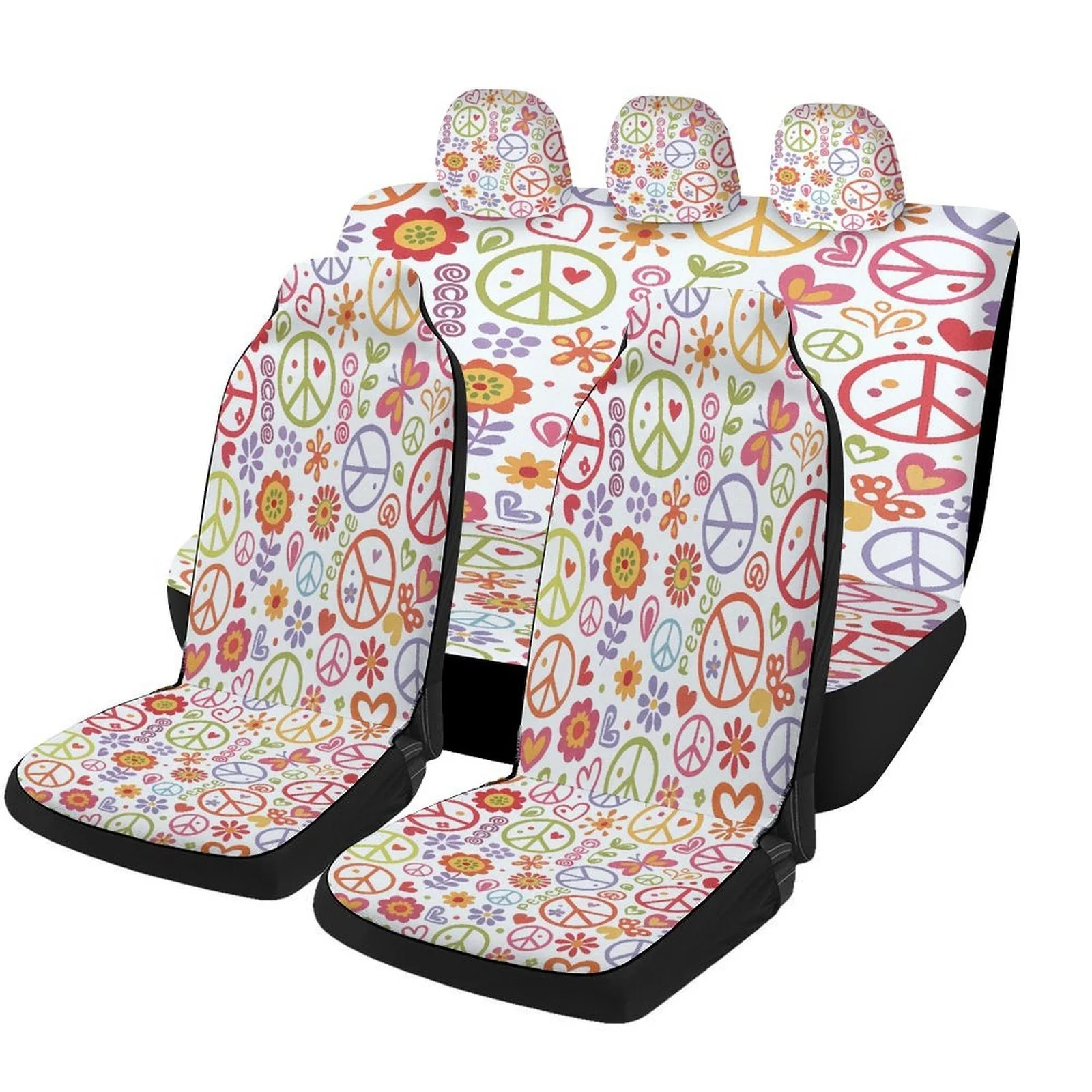 Set Of Car Seat Covers Featuring A Peace Flower Pattern, Suitable For A Variety Of Vehicles. These Stylish And High-Quality Cove