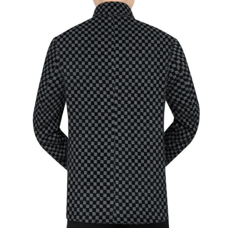 Winter Woolen Jacket for Men With Thick Fleece Trendy Checkered Warm Jacket Stand Collar Coat with Pockets