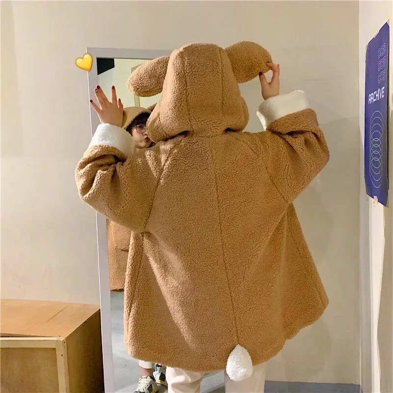 New Korean version of the soft girl student loose wild cute bear ears hooded imitation lamb hoodie female lolita cosplay clothes