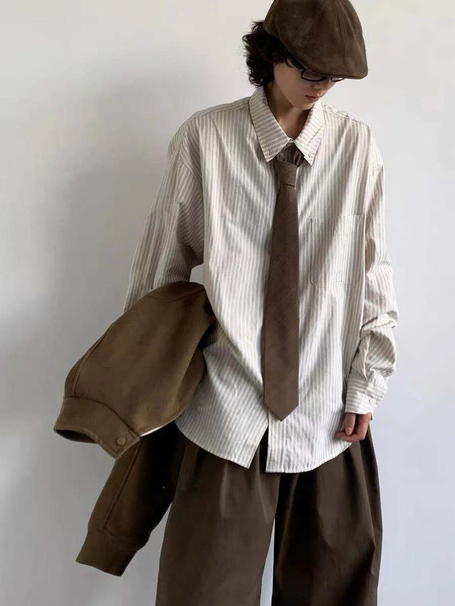 

Loose Fit Casual Striped Long Sve Men's irt Spring New Sle Japanese Retro College Sle Base Layer irt Polyester Fiber