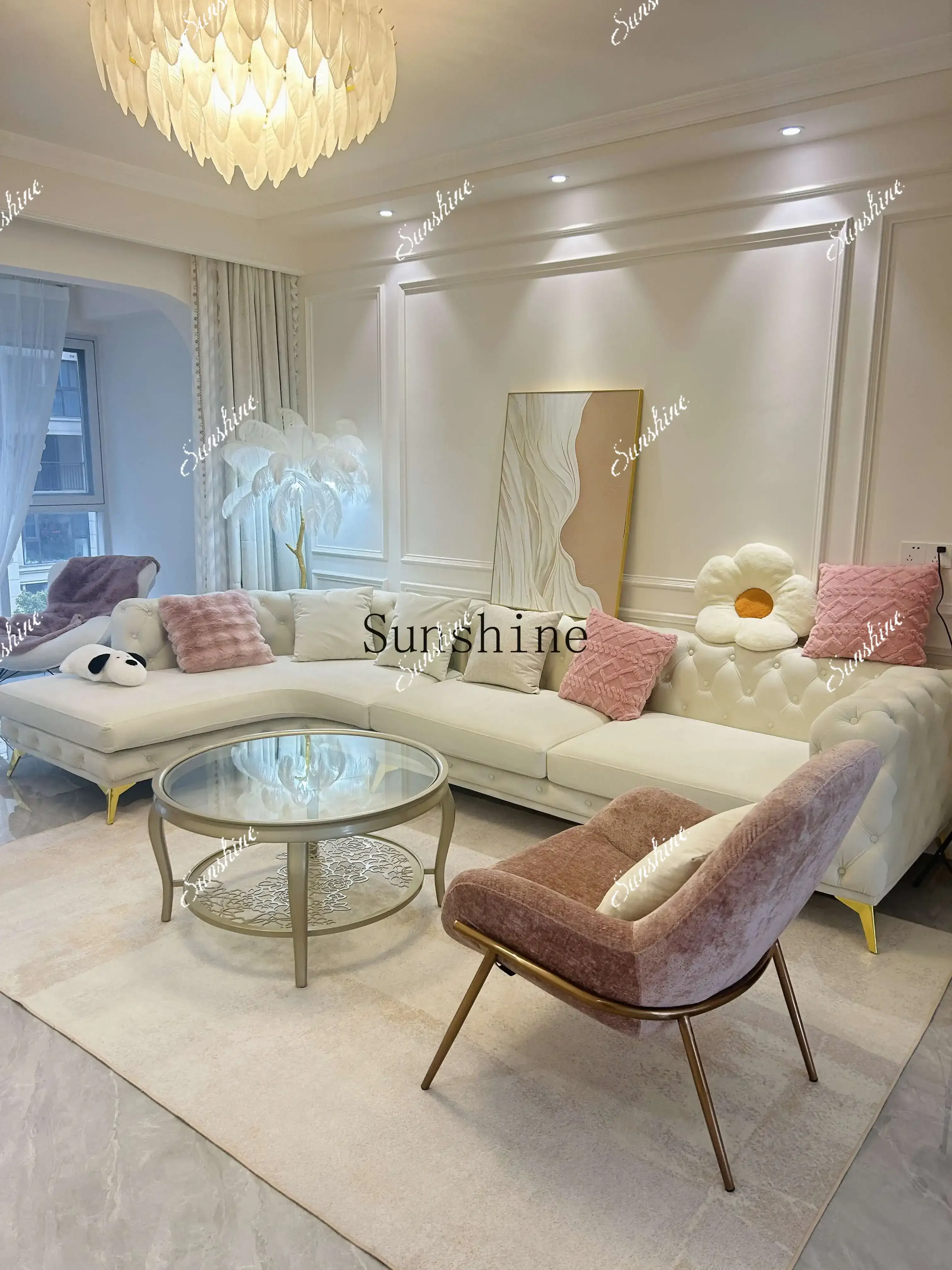 

Living room pink princess buckle sofa French cream wind curved corner sofaYY