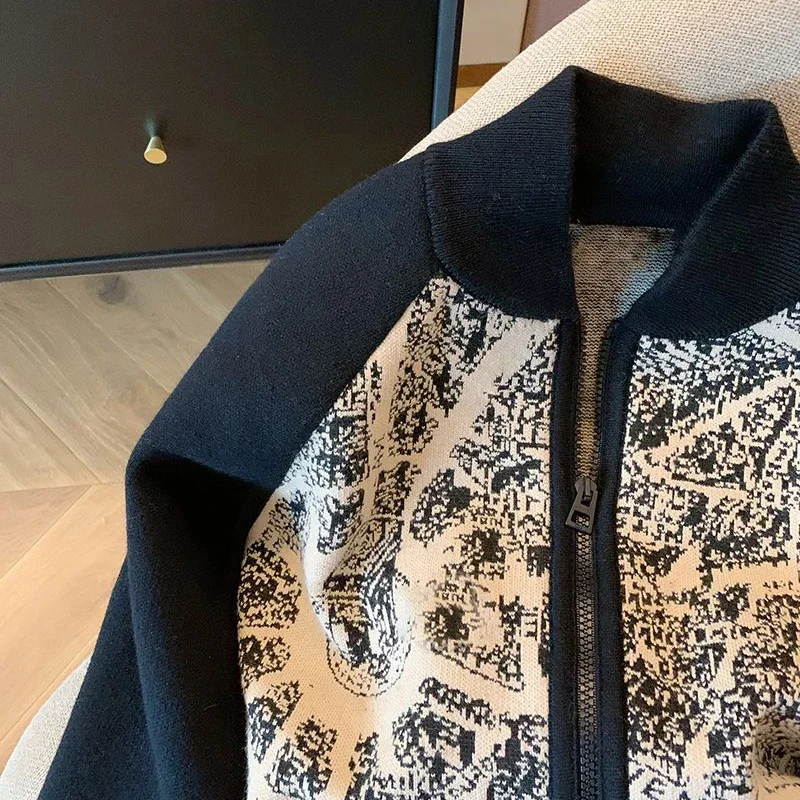 French style contrast heavy industry embroidery stand collar zipper sweater cardigan women\'s autumn loose casual knitted coat