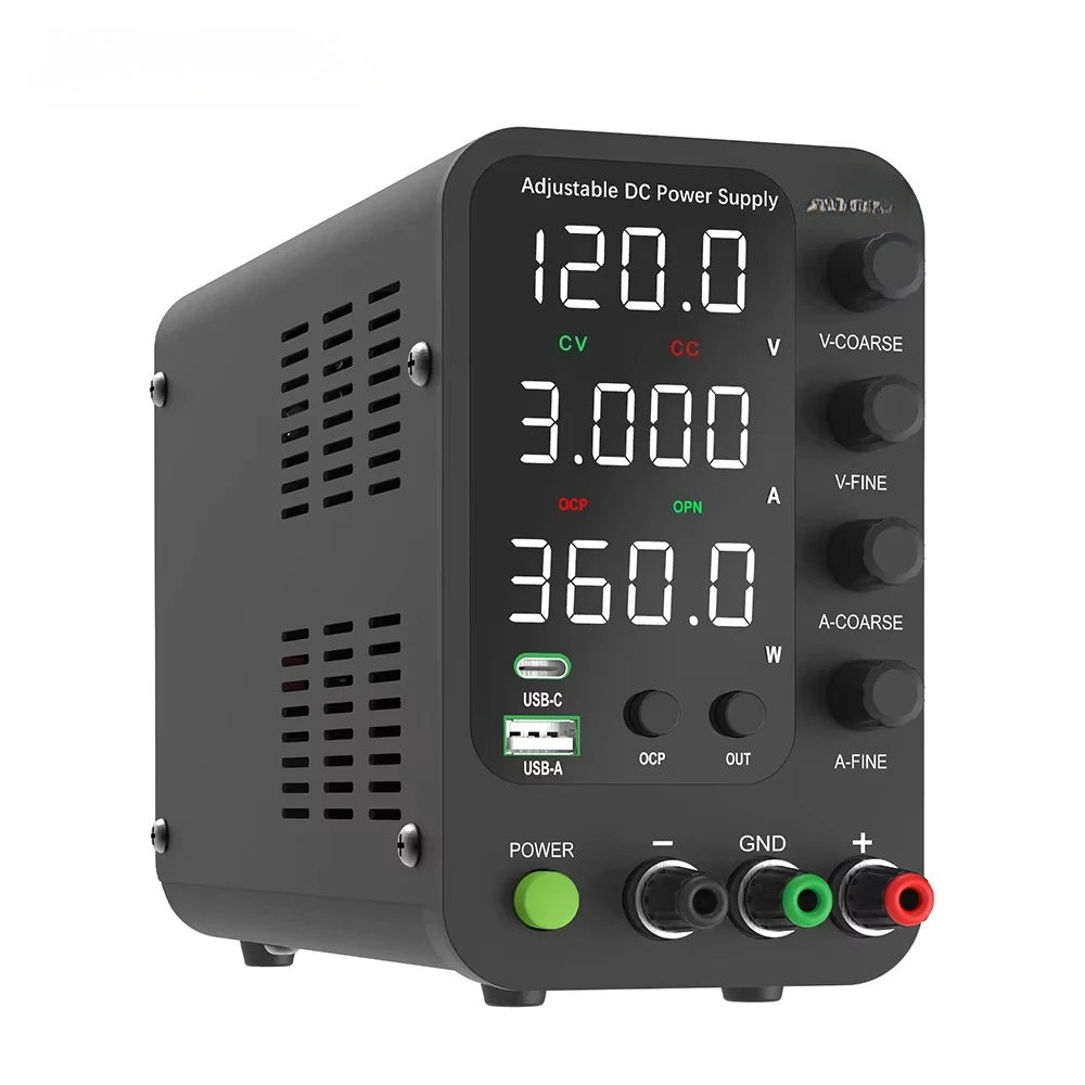 Jesverty 12003V DC Power Supply 0-120V 0-3A Variable Bench Power Supply with USB&Type-C Quick-Charge Single Output Switch