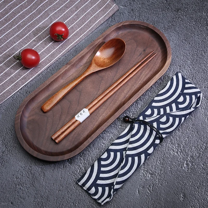 Wooden Tableware Set Cloth Bag Spoon Chopsticks Fork Cutlery Dinnerware Portable Travel Environment Students Kitchen Accessories