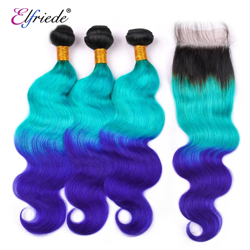 Elfriede #T1B/Light Blue/Blue Body Wave Human Hair Bundles with Closure Remy Hair Weaves Colored 3 Bundles with Lace Closure 4x4