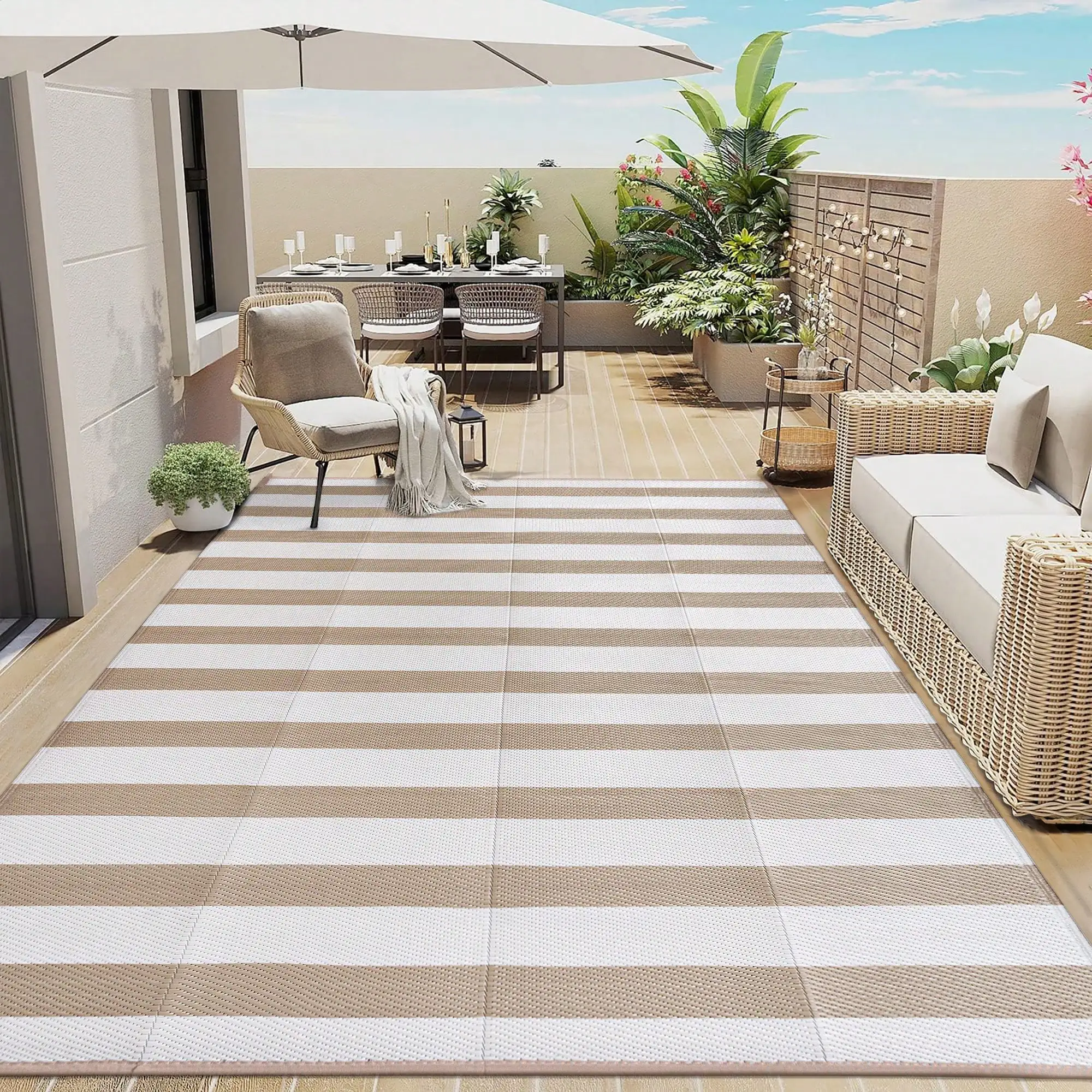 

Outdoor Waterproof Patio Rug 5X8 6x9 8X10 9X12 Plastic Straw Reversible Lightweight Outside Beige Stripe Large Carpet Outdoor