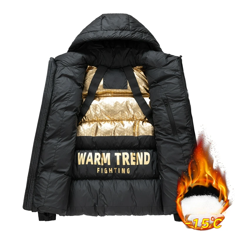 Men's Black Gold Down Jacket Autumn Winter New Solid Color Graphene Warm Outdoor Travel Stand Up Collar Hooded Coat Men's Jacket