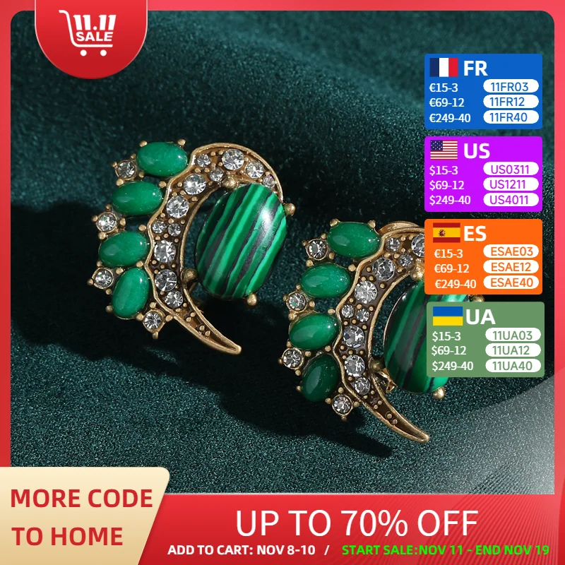 

Vintage Malachite Green Earrings Stud Rhinestone Gold Color Jewelry Designer Quality Luxury Gifts For Woman Accessories Wedding