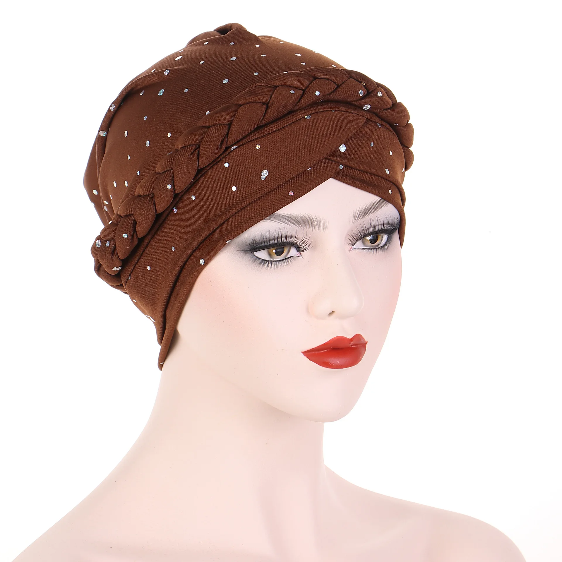 New multi-color sequined headscarf hat, solid color Muslim cap, braided headcap.