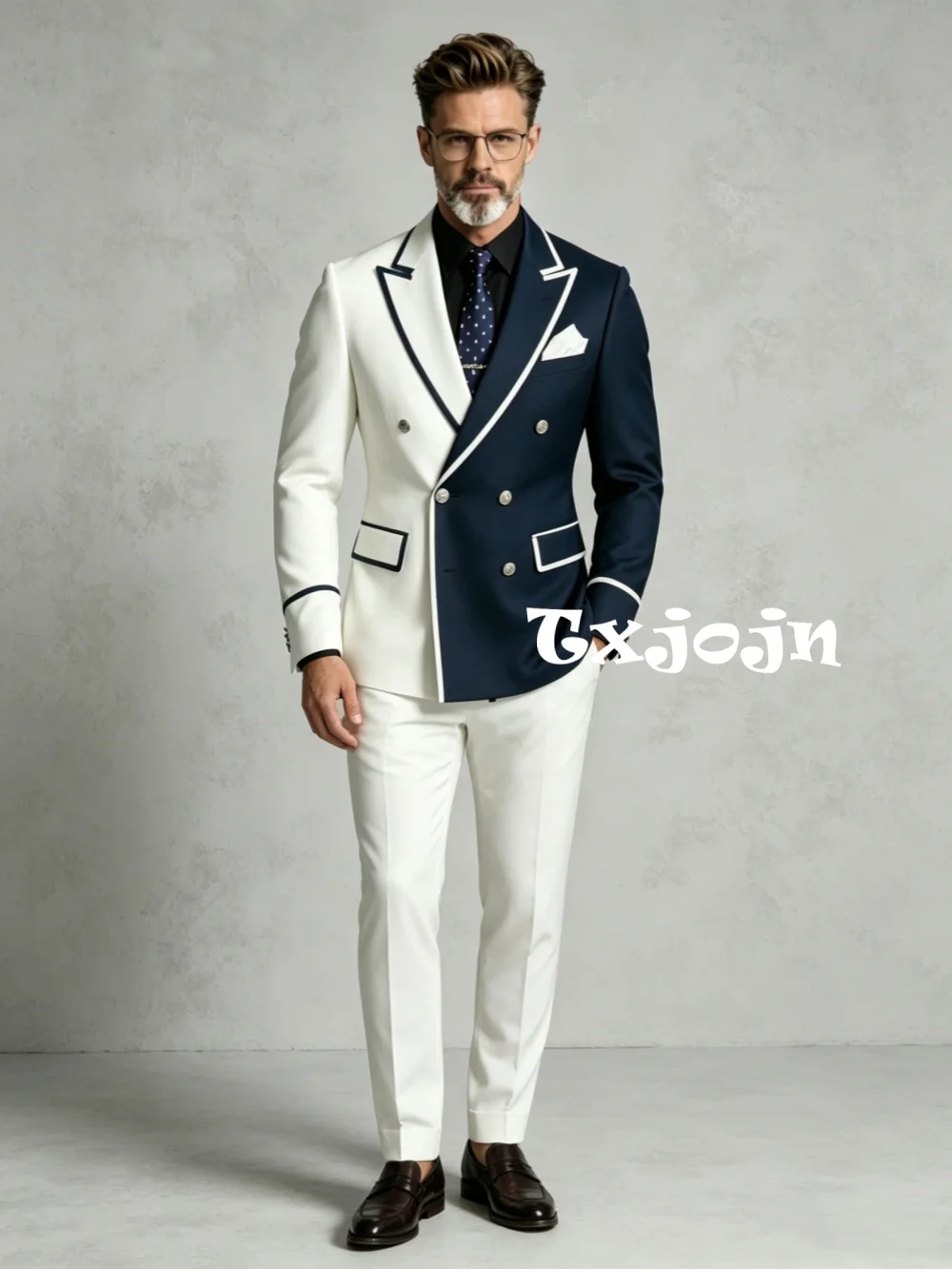 

Men's White Navy Blue Contrast Color Suit 2 Pieces For Formal Occasion Handsome Double Breasted Suit Set Wedding Groom Sets