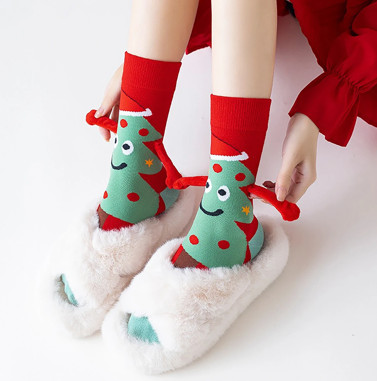 Hold Hands Socks Elastic Magnet Hand Socks Cartoon Comfortable Cotton Mid-calf Socks Funny Gift for New Year Christmas