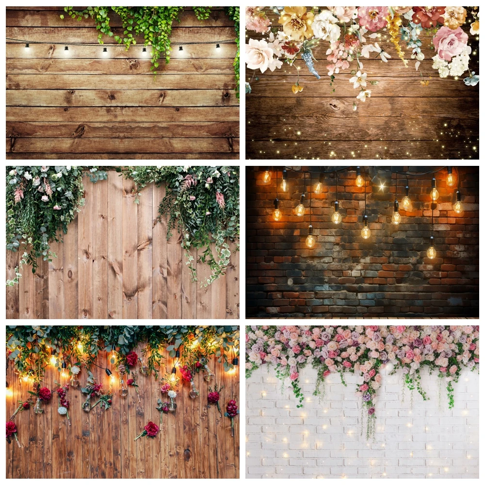 Wooden Board Flower Photography Backdrop Wood Brick Wall Wedding Bridal Shower Baby Birthday Party Decor Background Photo Studio