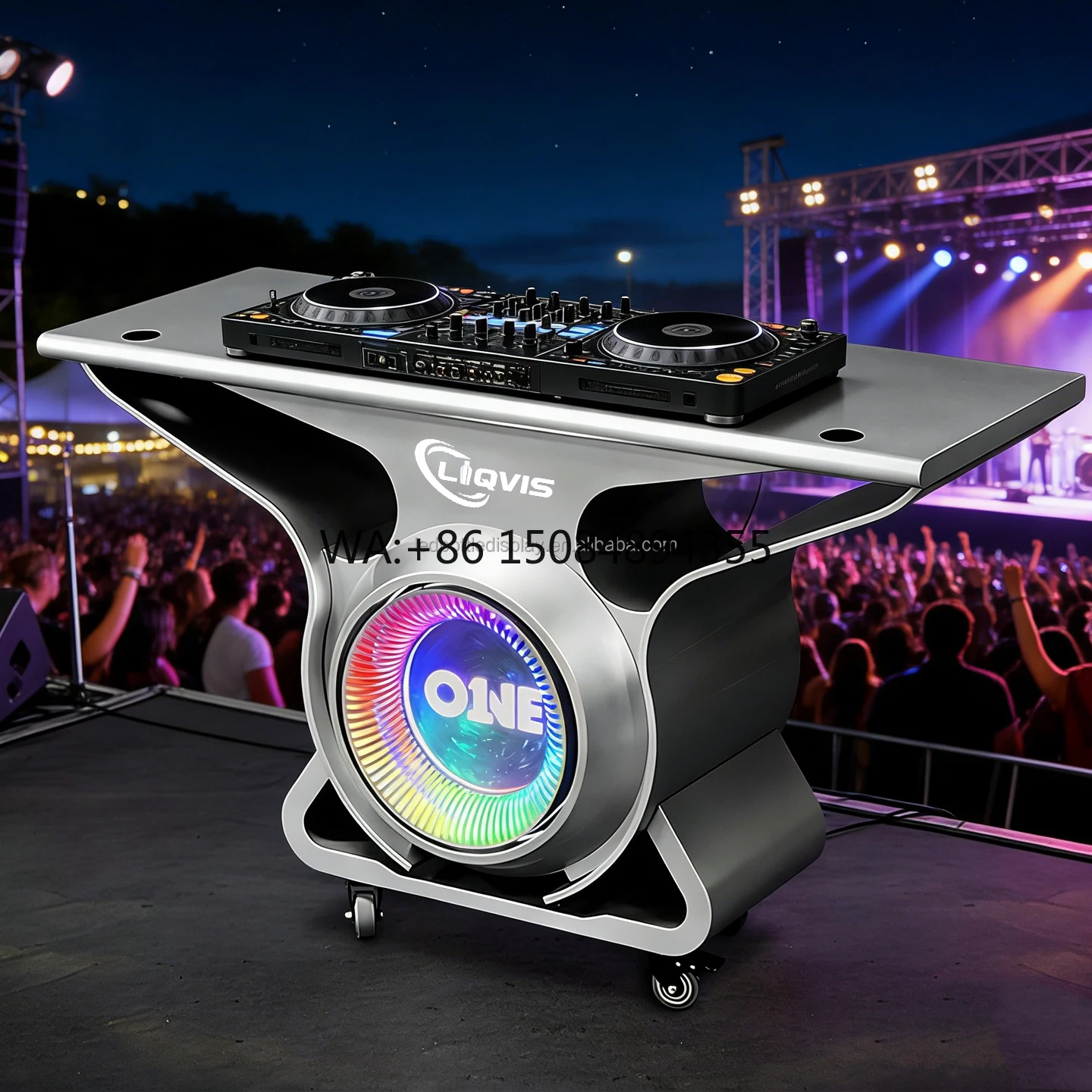 LiqVis Stylish Custom Logo Mirror Stainless Steel LED DJ Booth Table Colorful Stage for Lounge Nightclub Party Lighting Display