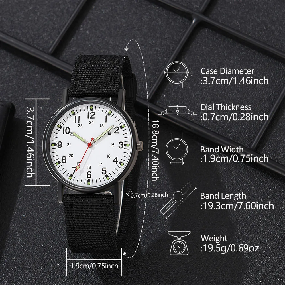 4PCS/Set Black Men Watch Fashionable Minimalist White Dial Quartz Wristwatch Canvas Strap Watch Jewelry Set Gift For Him