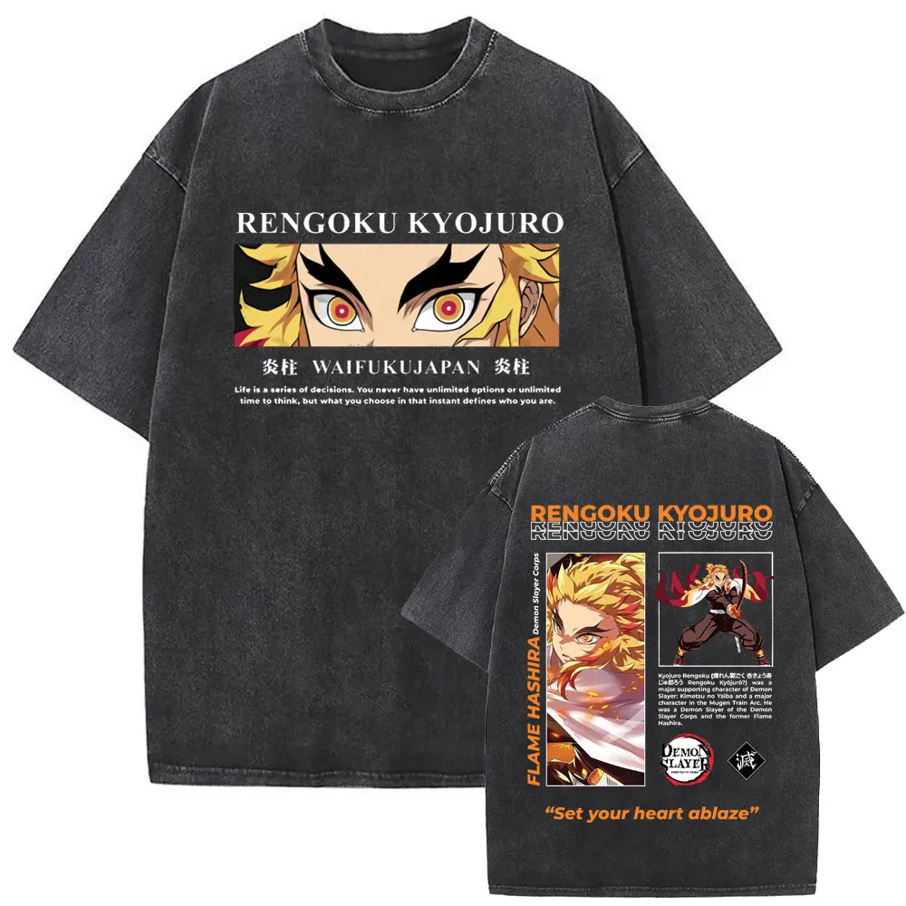 

Washed Vintage Anime Demon Slayer Rengoku Kyoujurou 2025 Merch T-shirt Men Women Clothing High Quality Cotton Crewneck T-shirts