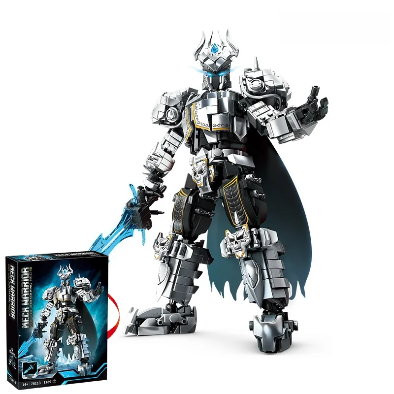 Mech Warrior Ice King Mech Building Blocks Silver Robot Glowing Blue Sword Model Toy Home Decor Desktop Ornament Gift For Boys