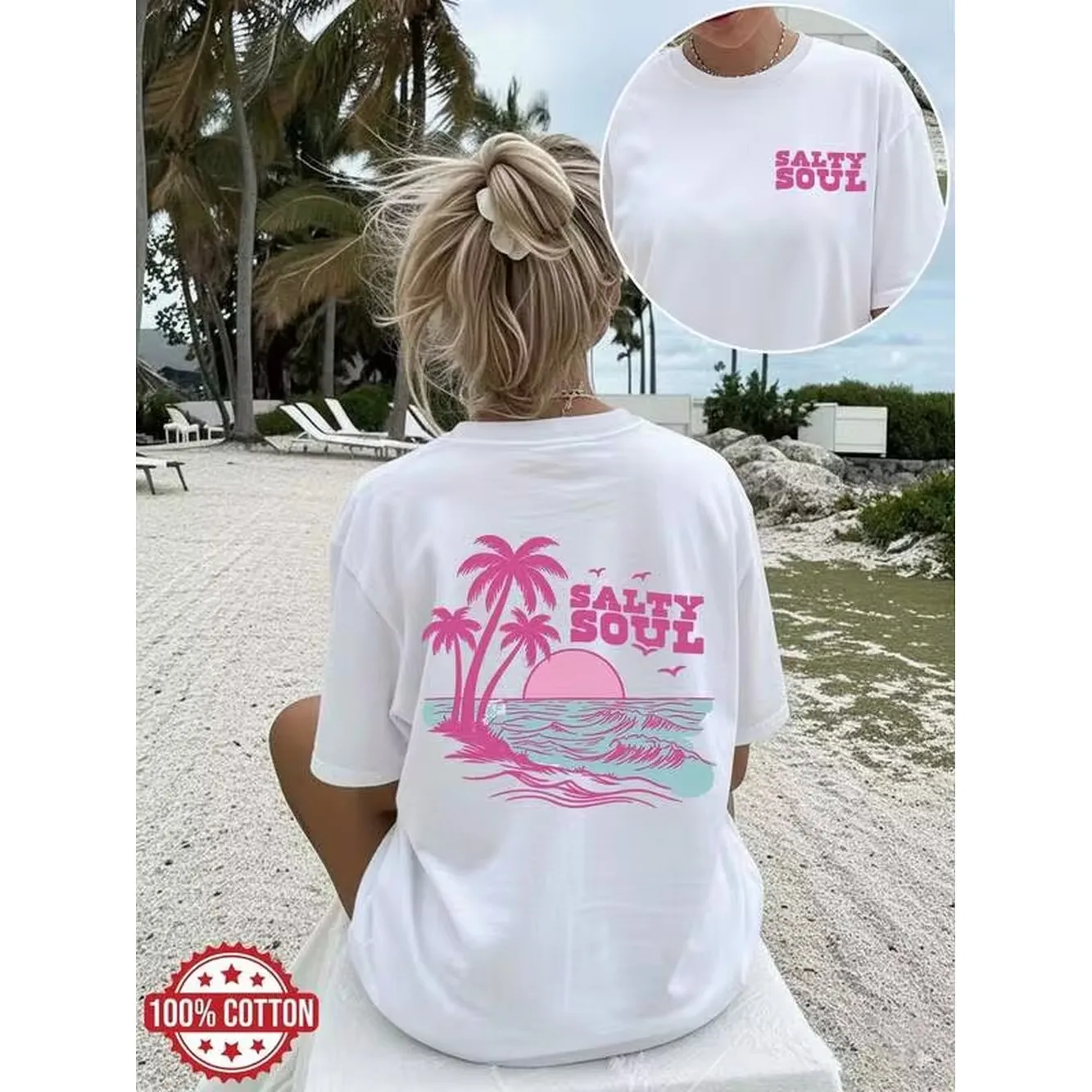 Unisex Vintage Loose Cotton Tee Coconut Wave SALTY Text Print Drop Shoulder Round Neck Summer Beach Casual Short Sleeve Top S-7XL
