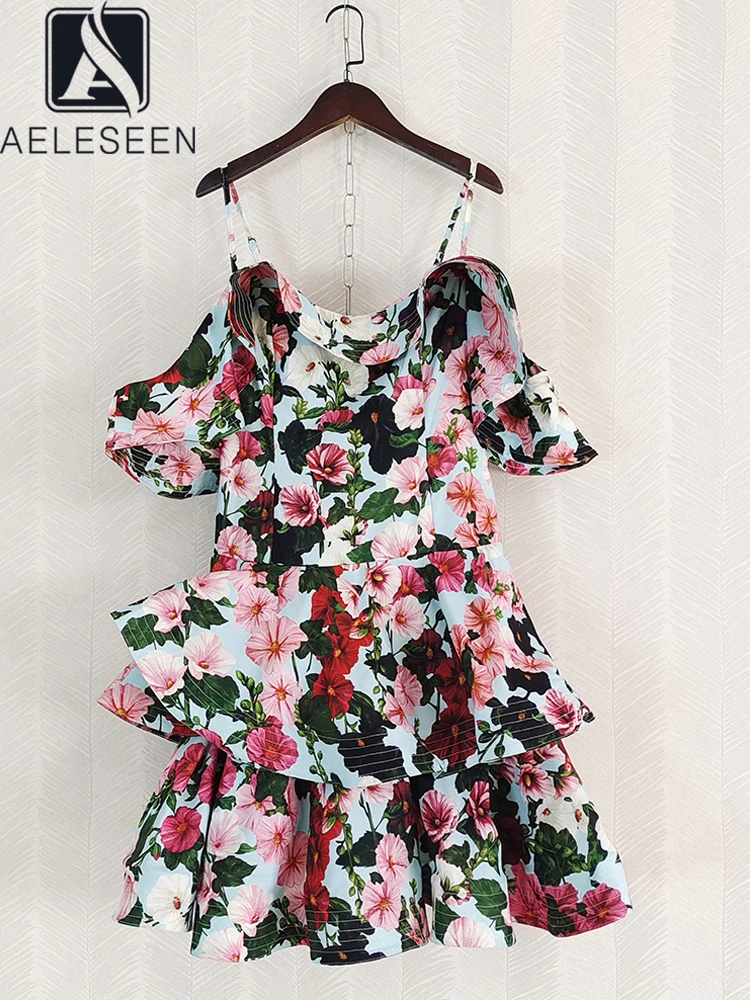 

AELESEEN Sicilian Summer Mini Dress Women's Spaghetti Strap Summer Off The Shoulder Flower Print Ruffles Patchwork Beach Casual