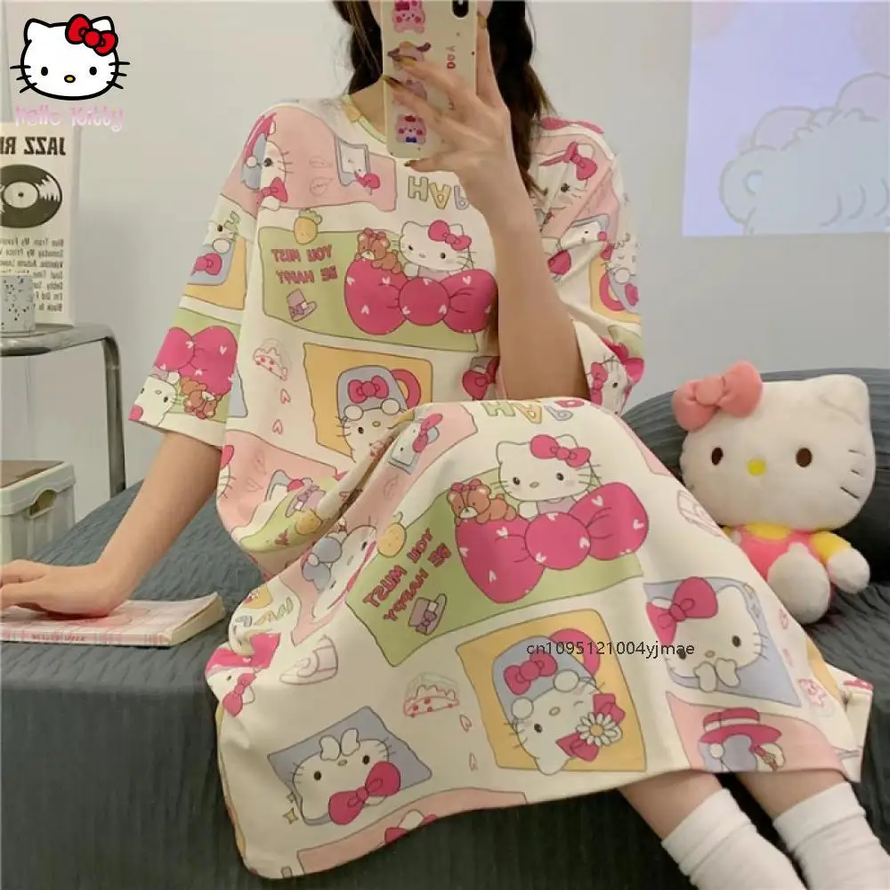 

Sanrio Hello Kitty, свободное пижамное платье большого размера, летнее аниме, домашнее комфортное пижамное платье с короткими рукавами и принтом для девочек, Kawaii