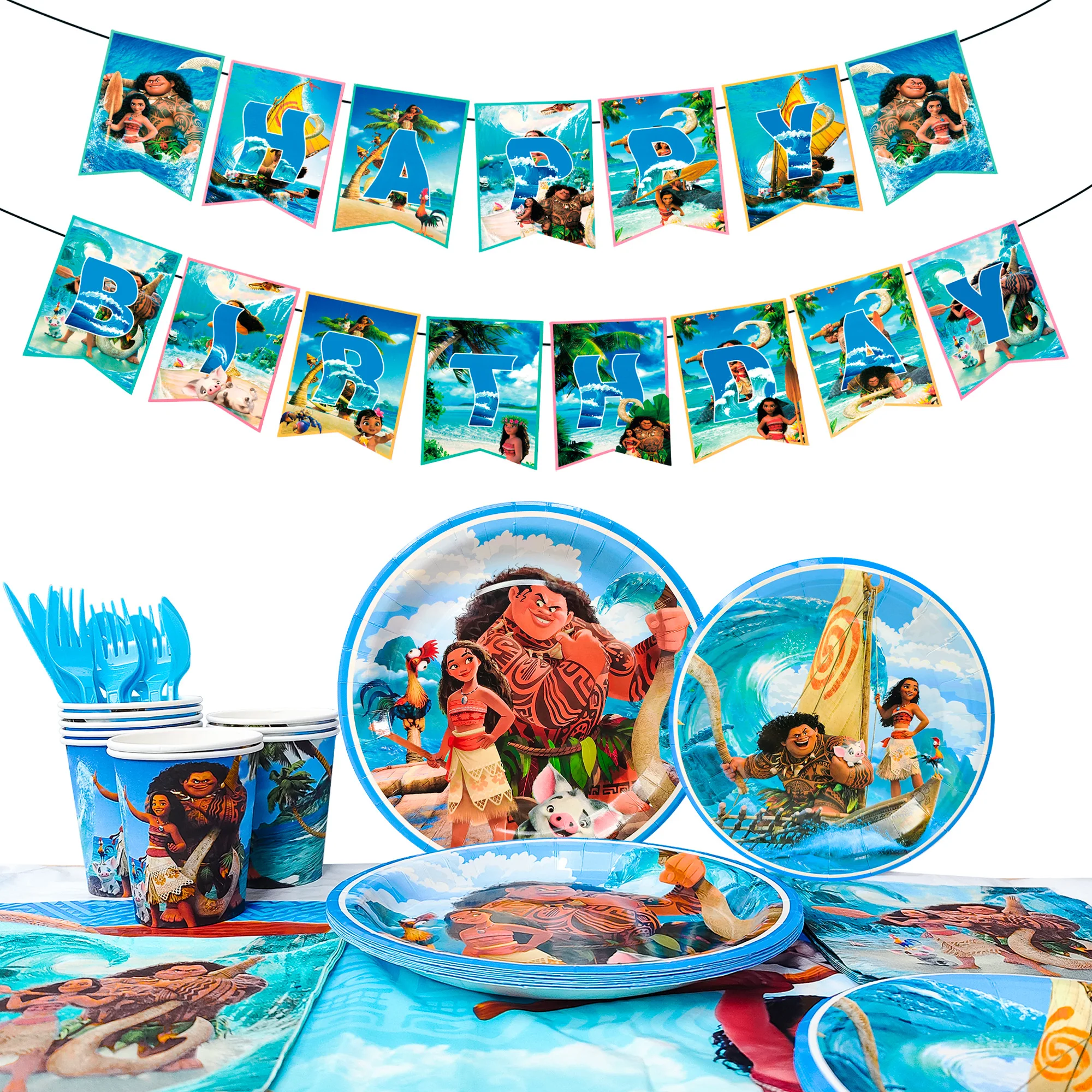 Moana Birthday Party Supplies, 86 pcs Moana Party Tableware Set - Moana Plates and Napkins Cups Table Cloth  Balloons etc