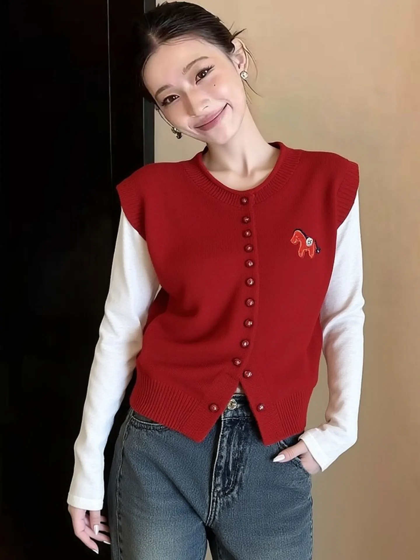 

Red Knitted Vest Single Button Layering Spring Commute Faion Versatile Warmth Women's Regular Fit Korean Sle Top