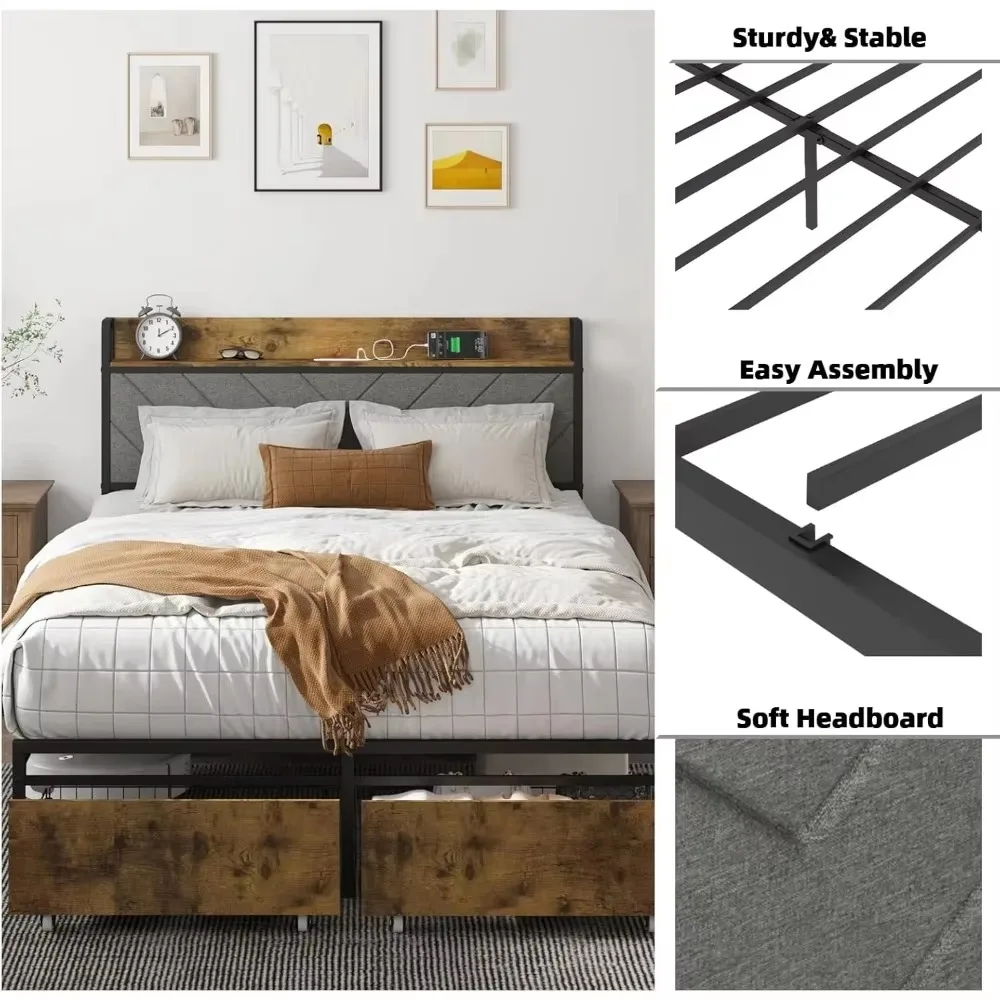 Bed Frame with Storage Headboard, Platform Bed with Drawers and Charging Station, No Box Spring Needed, Easy Assembly.