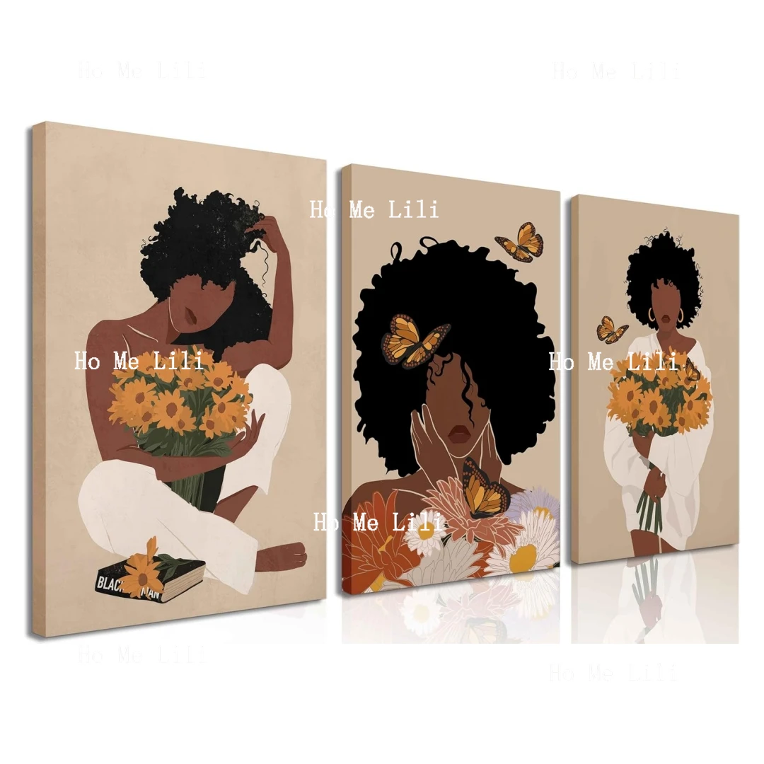 3pcs Black Woman Wall Art Boho Black Girl Sunflower Posters Pictures African American Canvas Prints Art Wall Decor