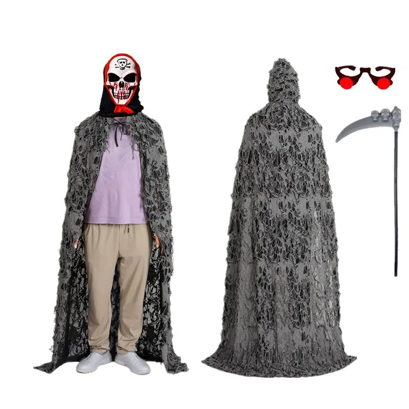 

Костюм на Хэллоуин: Плащ Бога Смерти, плащ с капюшоном для взрослых и детей, страшный наряд скелета, одежда в стиле нищего, жуткий костюм для пугающих выступлений
