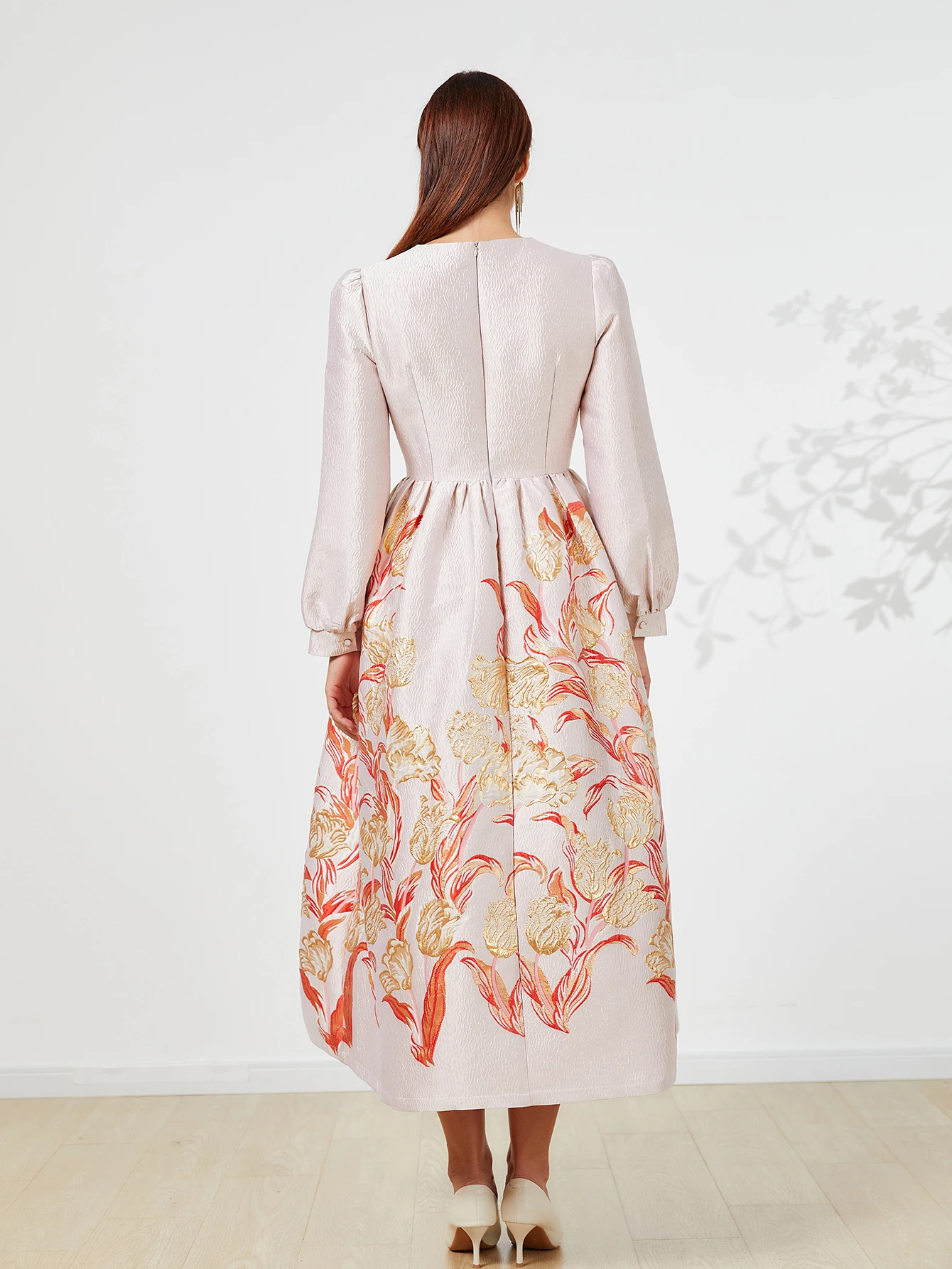 Heavy Industry Jacquard Autumn-Winter New Style Round-neck A-line Orange Gold Floral Elegant Attitude Banquet Dress