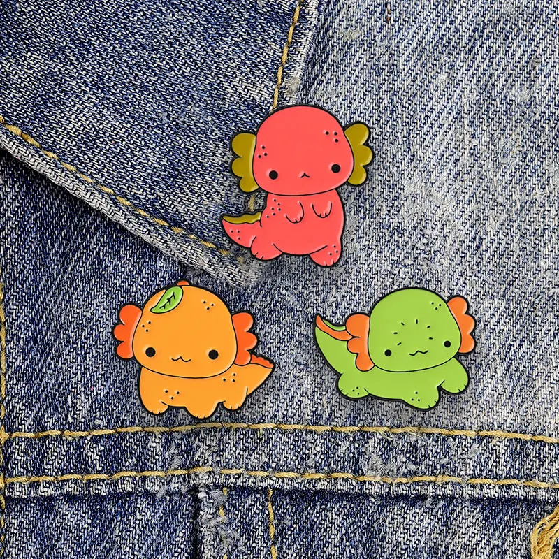 Niedliche Axolotl-Emaille-Abzeichen, bunte Cartoon-Salamander-Früchte-Pins in Rot, Grün, Orange, hübsche Broschen, Anstecknadel-Set, Geschenk für Kinder – Detail 2
