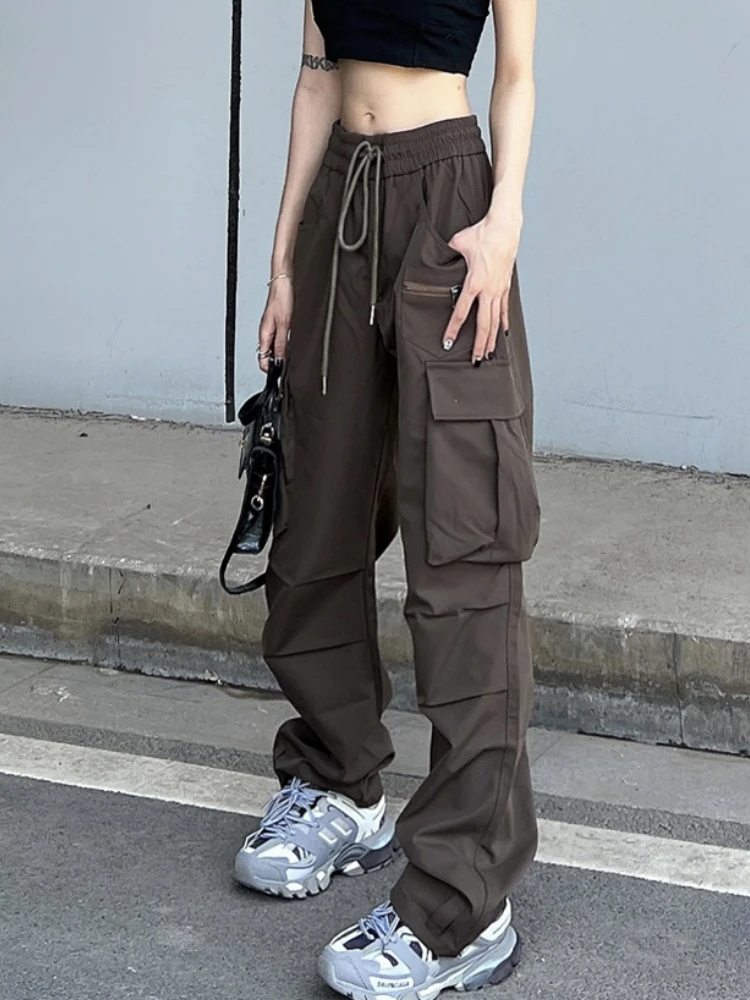 Casual Pants Women Chic Baggy Streetwear All-match Vintage Pockets Fashion Drawstring Simple Cargo Trousers Ulzzang Spring Solid